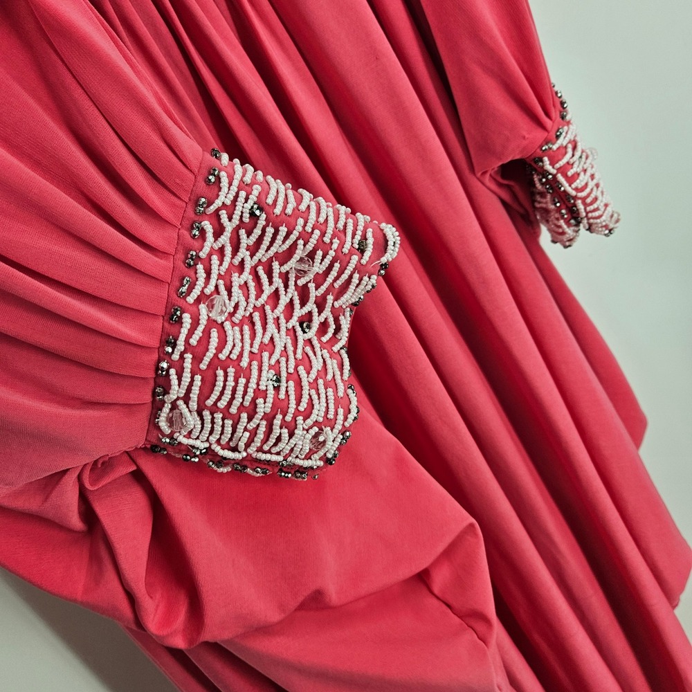 Vintage 70s Kaftan Maxi Dress Pink Stretched Beaded Flowy Boho Modest Evening M - Picture 5 of 12